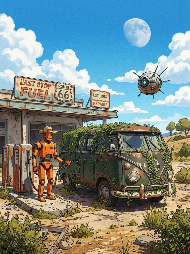 orange robot with straw hat refueling vine-covered van, abandoned gas station, floating spherical drone, bright blue sky, grainy digital illustration, retro-futurism