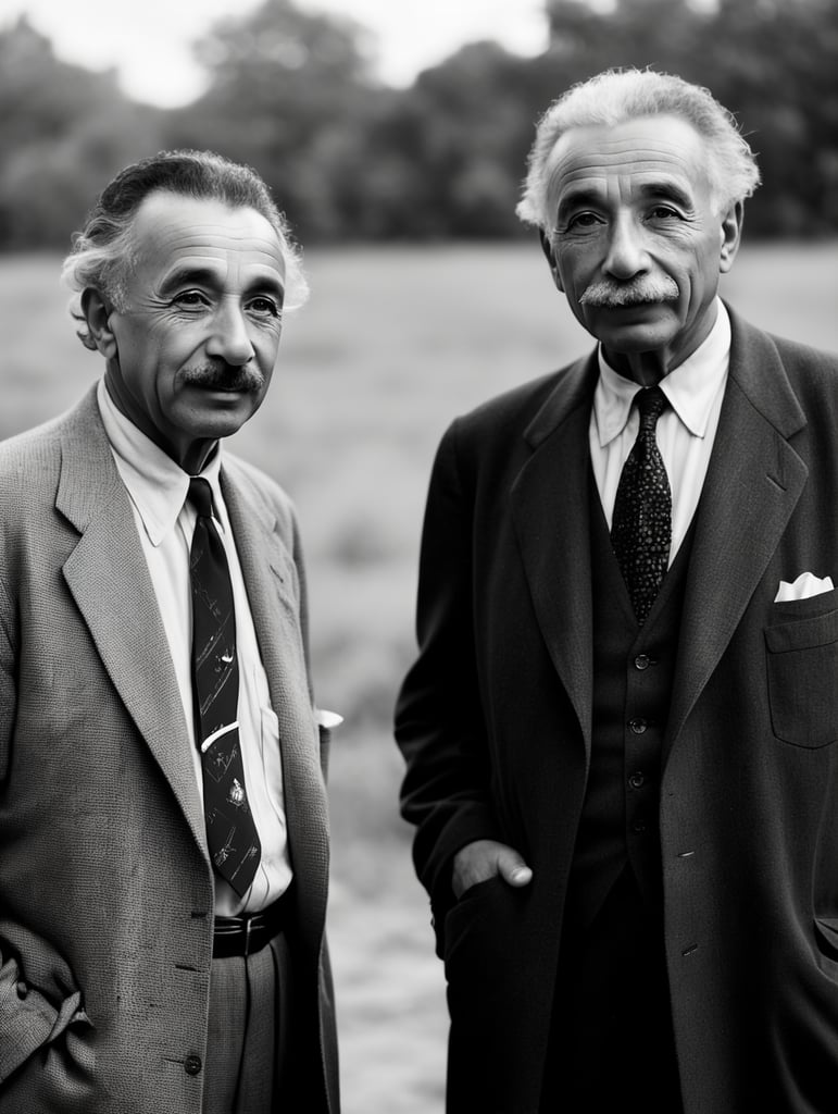 A black and white 1950's photograph of Albert Einstein and Robert Oppenheimer posing together, film photography, 50mm, blurred background.
