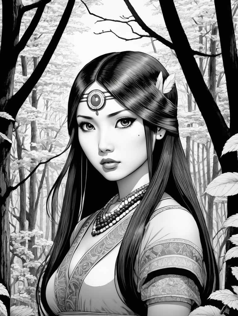 Pocahontas, Illustration, Manga, Horror, B , Japan, style of Junji Ito