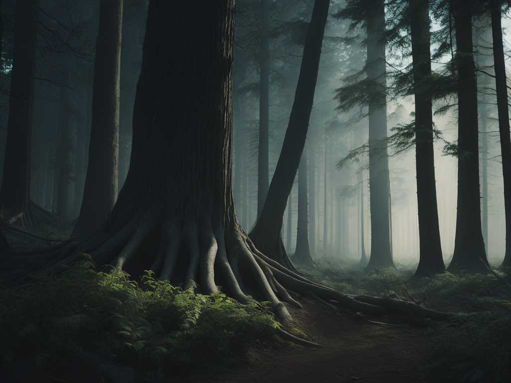 A single century-old tree in a dark forest illuminated by moonlight streaming through its leaves with exposed roots, viewed from a more open plan in an atmospheric atmosphere.