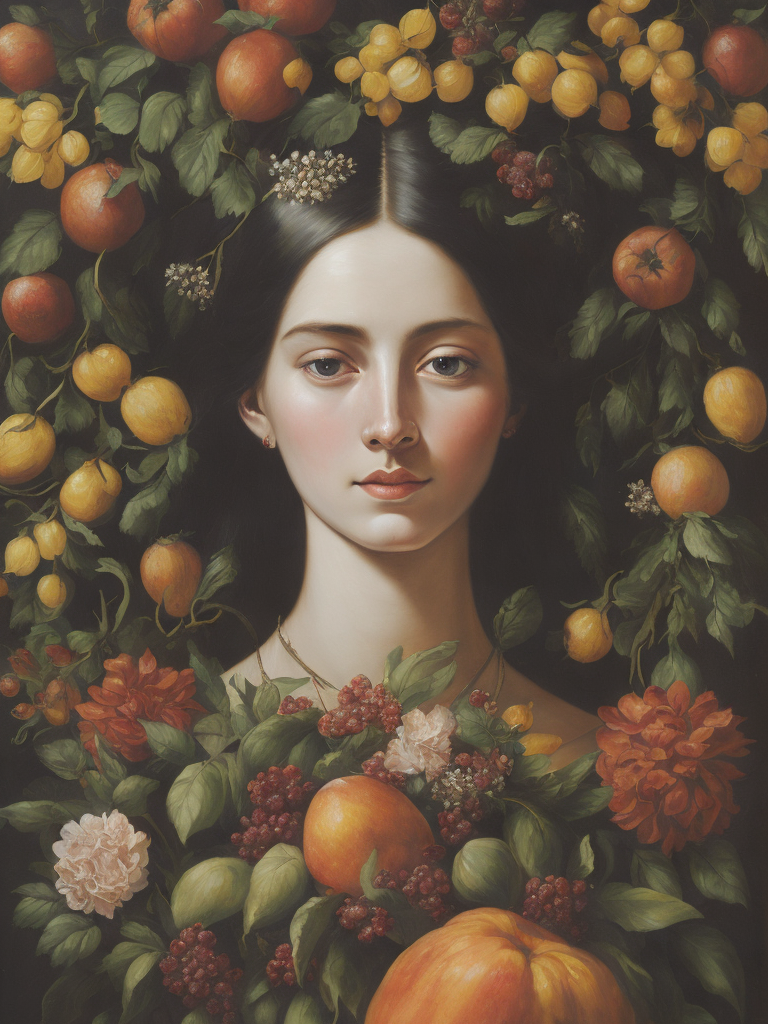 a painting of a woman's head surrounded by flowers and fruit