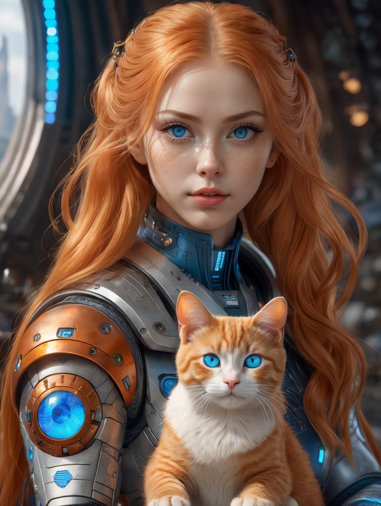 official art,unity 8k wallpaper, ultra detailed, beautiful and aesthetic, masterpiece, best quality, 1girl, orange hair, skin pores, wrinkles, eyelashes, long hair, blue eyes, extremely detailed, highest detailed, adstech, colorful symbols,hologram, scifi, Tsundere, holding_cat, sitting, (intricate details:0.9), (hdr, hyperdetailed:1.2)