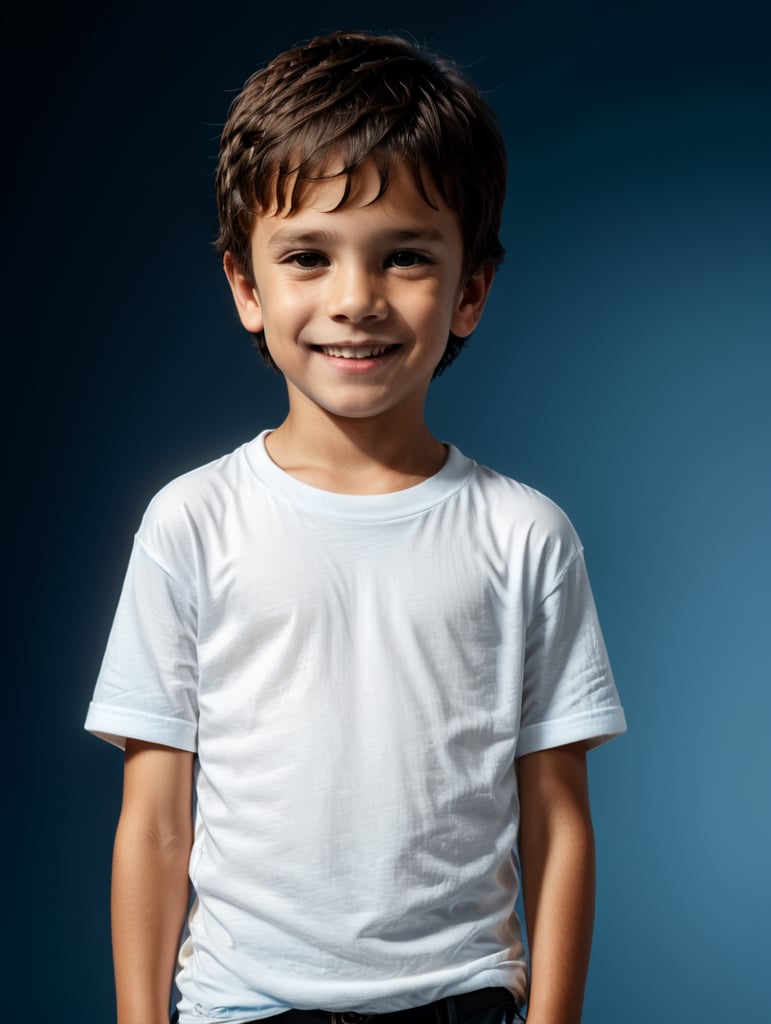 a Little boy wearing white t-shirts, standing in front of blue background, blank shirt no print, 9 years old smiling, photo for apparel mock-up