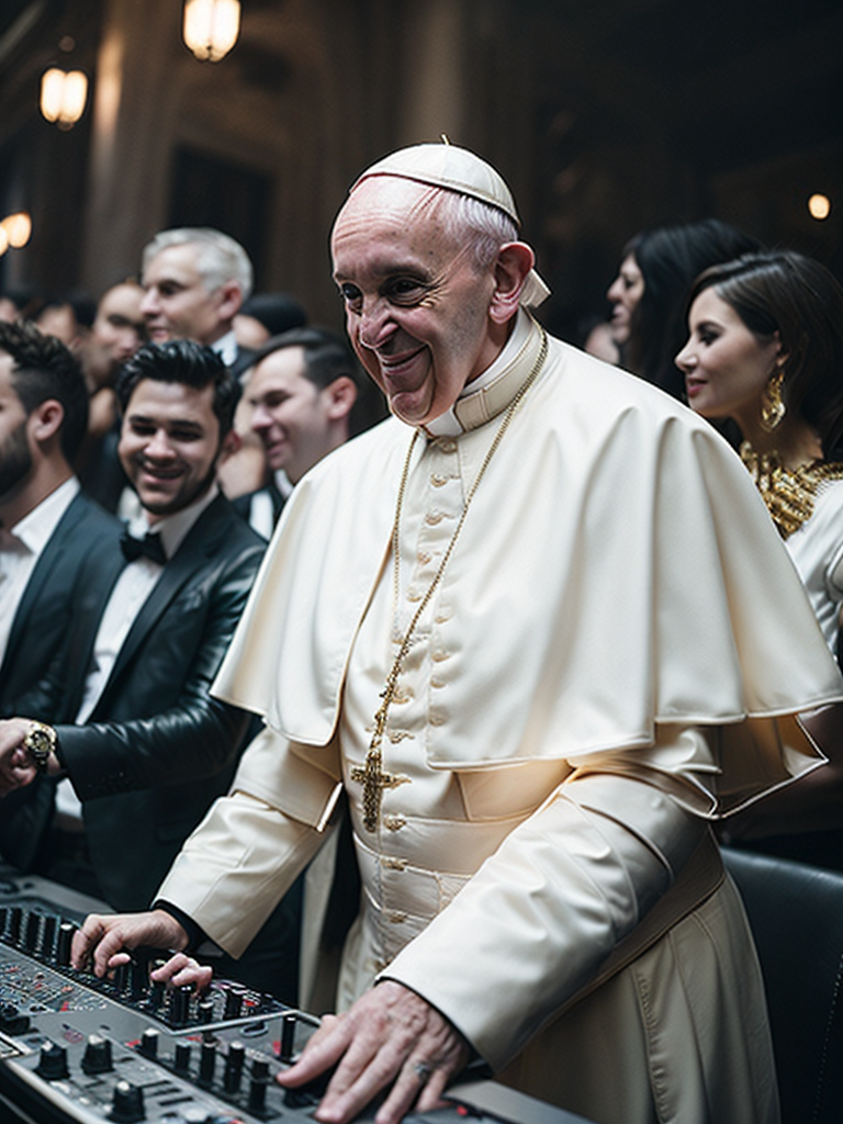 pope playing dj set, white leather jacket and gold chain, hall full of people having fun in the background, ultra realism, super detailed