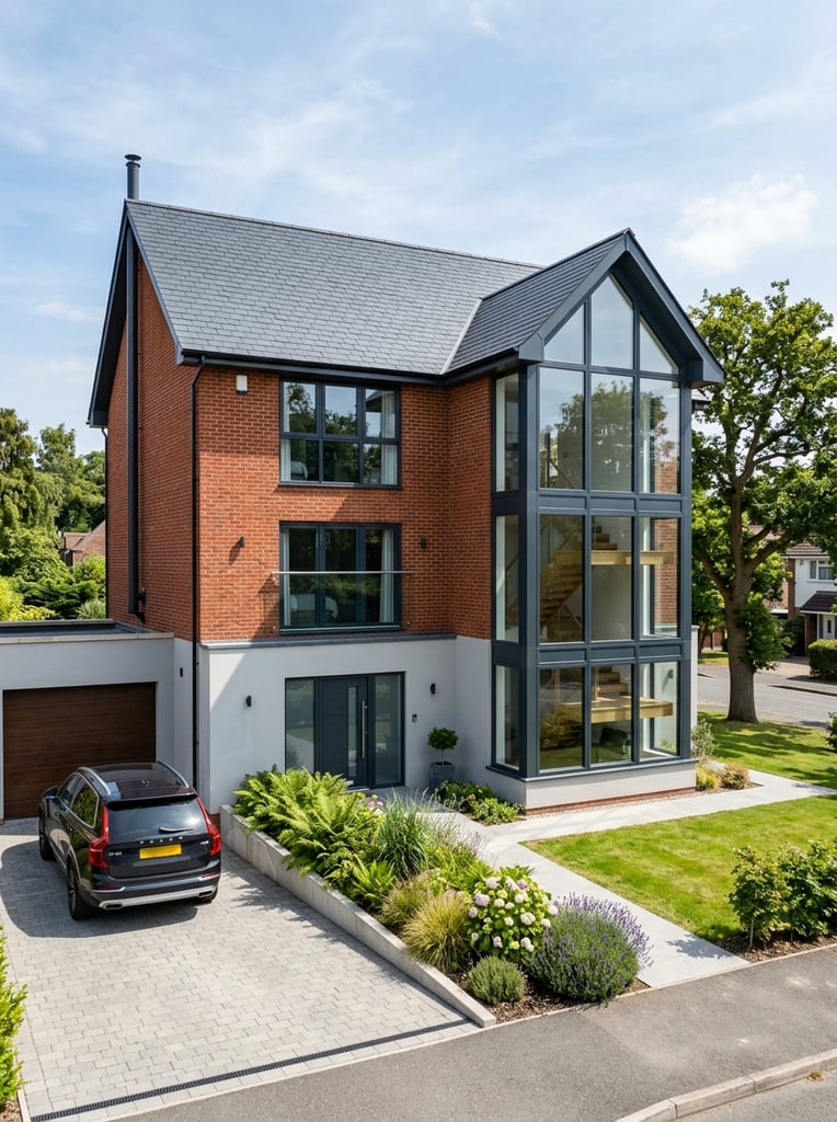 modern two-story house, red brick upper facade, smooth grey ground floor, double-height bay window, dark mullioned windows, slate pitched roof, paved driveway, bright daylight, architectural photography