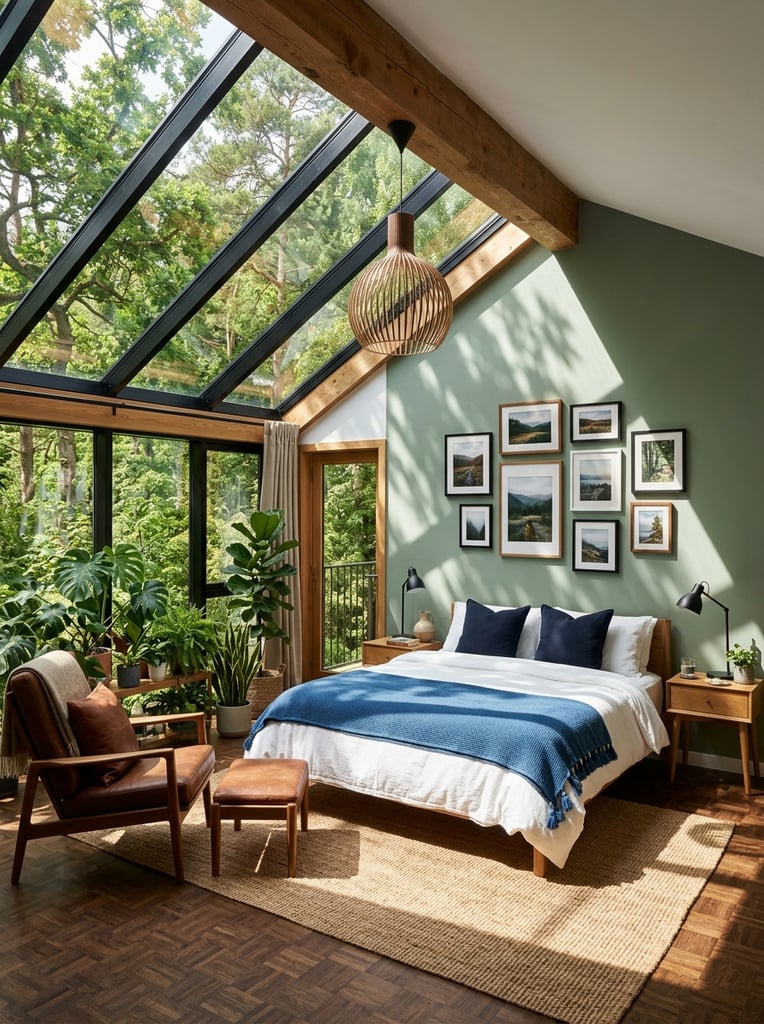 A sunlit modern bedroom features a dramatic slanted glass roof wall revealing a lush green forest canopy. A bed dressed in white linens, a blue tasseled throw, and dark blue pillows rests on a tan rug over dark parquet flooring. A mid-century wooden armchair with brown leather cushions sits beside dense potted plants clustered along the black-framed windows. A massive wooden ceiling beam suspends a spherical wooden pendant light. The adjacent sage green wall displays a gallery of framed landscape photographs above the bed, flanked by wooden nightstands and black table lamps. Bright directional sunlight pours through the glass, casting sharp geometric shadows across the green wall, crisp bedding, and floor.