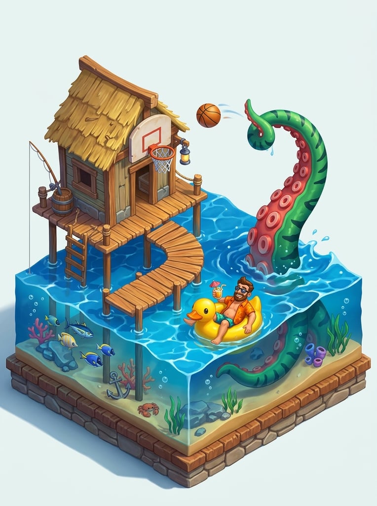 isometric 3D diorama of an ocean cross-section, small wooden stilt shack with a basketball hoop, giant green tentacle with red suction cups emerging from the water tossing a basketball, man relaxing in a yellow rubber duck float, stylized game art, vibrant smooth shading, clear background