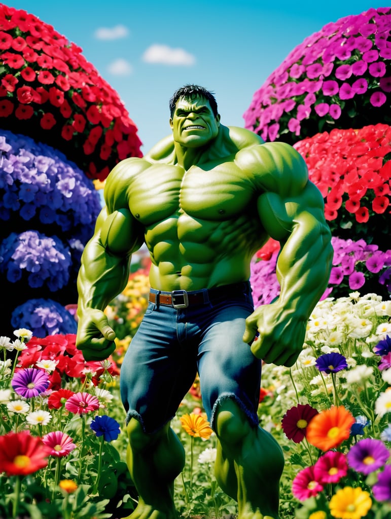 Happy hulk standing in a beautiful field of flowers, colorful flowers everywhere, perfect lighting, leica summicron 35mm f2.0, kodak portra 400, film grain