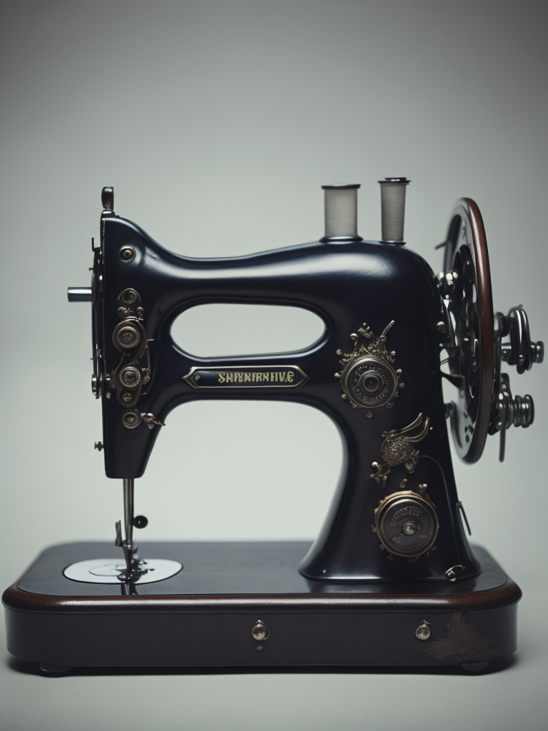 Vintage sewing machine, sharp focus, highly detailed, Dark gradient background, Muted colors