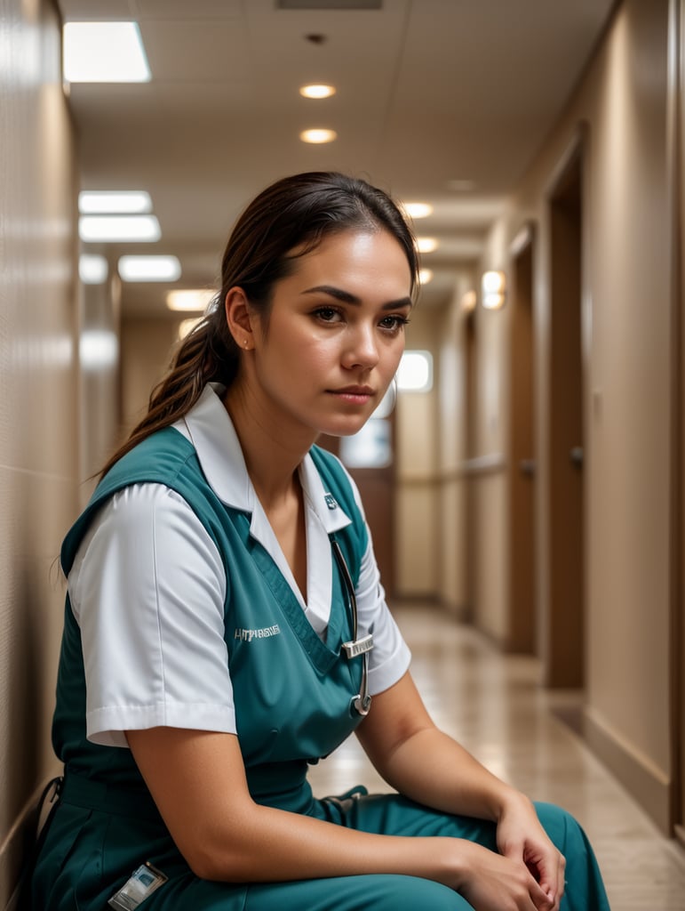 Portrait of a female working nurse, sitting on the floor in the hallway, sad face, sad colors and atmosphere, the light from the window illuminates her face