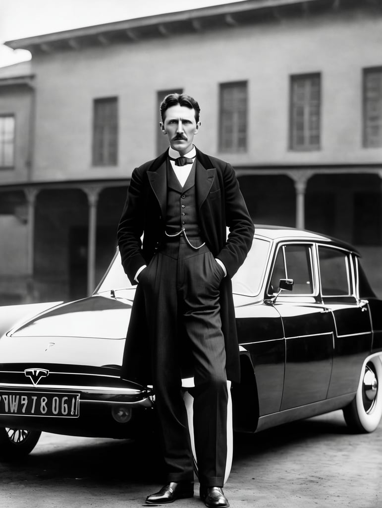 Nikola Tesla looks directly into the camera, with a Tesla car standing behind him.