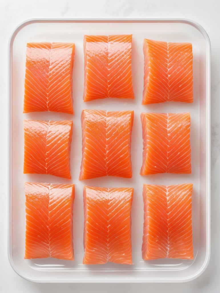 ready for cooking slices of a salmon in a transparent plastic tray, top view, isolated, mockup