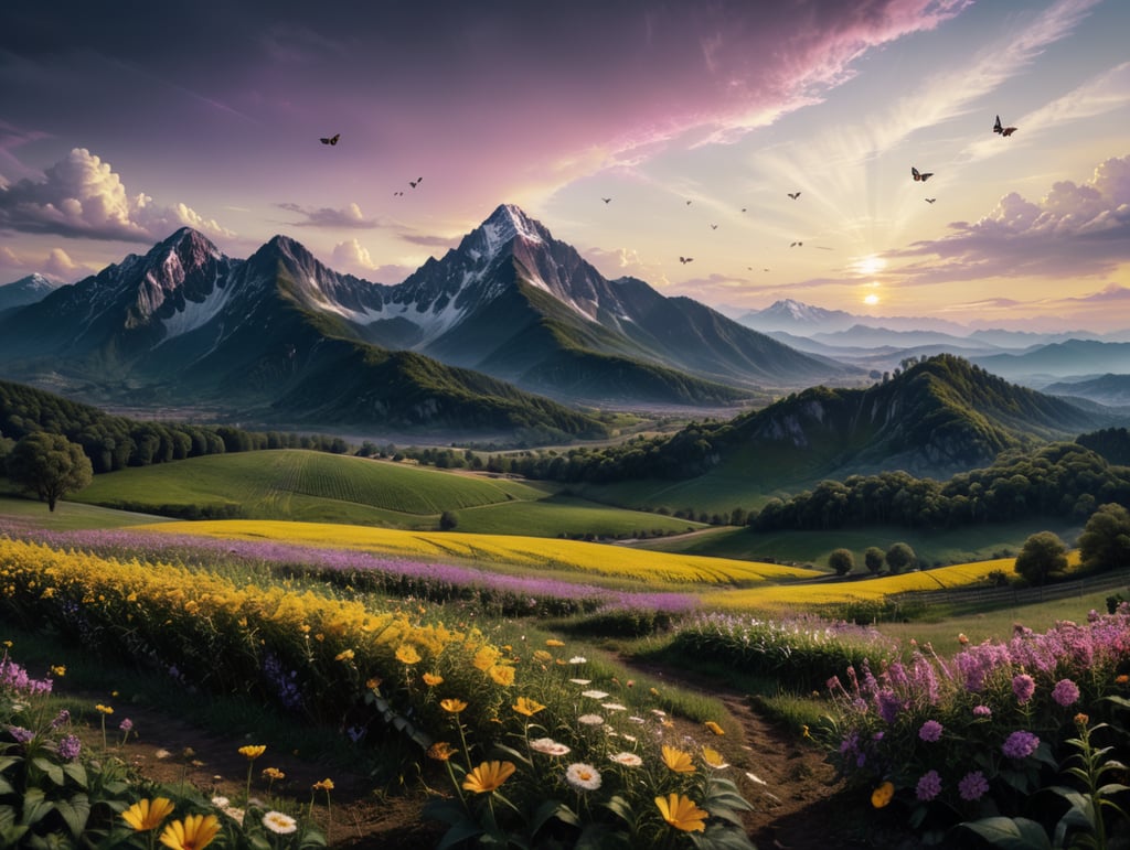 Draw a field with mountains in the background, a yellowish purple sky, a flowery field with different flowers, and butterflies, with some butterflies closer to the viewer's view. The style has to be like a realistic photo