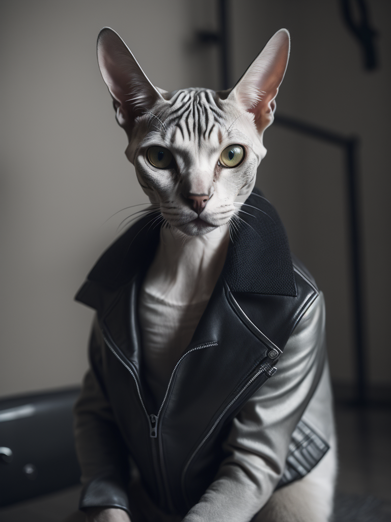 bold white sphynx cat with black and white rocker tattoos wearing a black biker leather jacket