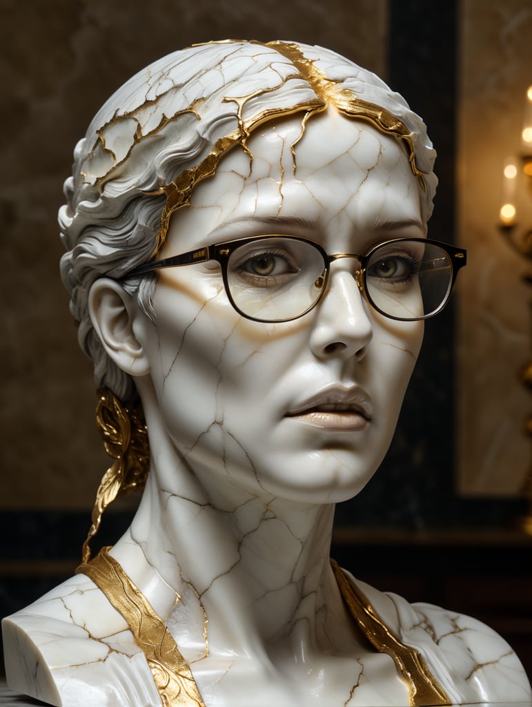 cracked marble sculpture of womans head with glasses, use face from uploaded photo, sculpture on the table, cracked white marble with gold and dark gold, studio lighting, professional photo, soft background, art classical reference