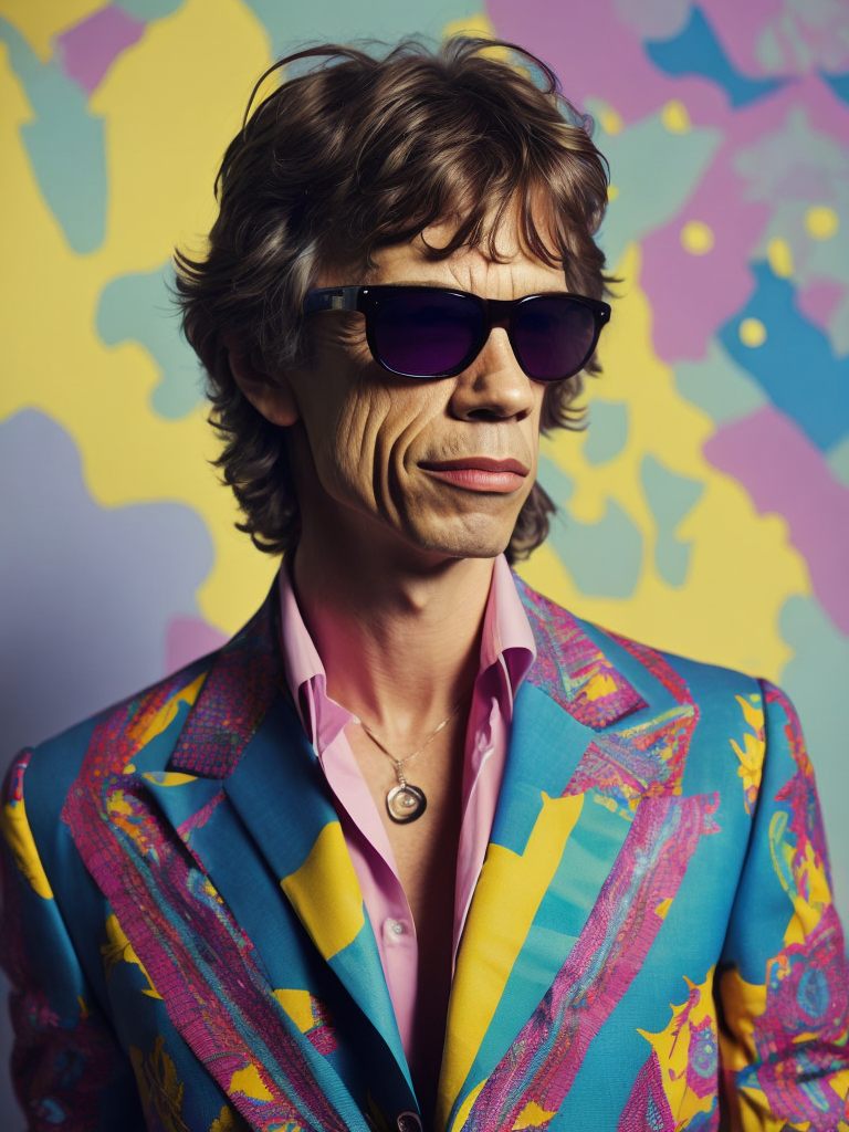 Mick Jagger wearing a brightly patterned jacket and wayfarer glasses, Vivid saturated colors, Contrast color