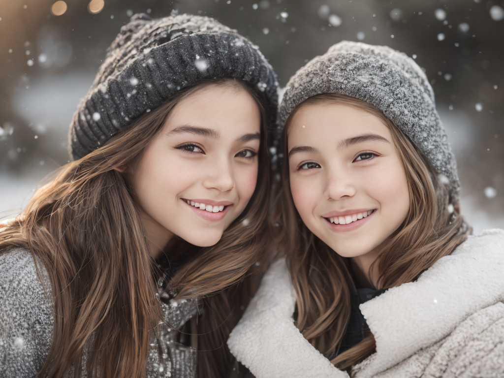 long shot, portrait of a cute 2girls, smiles, snow flakes, snow, winter