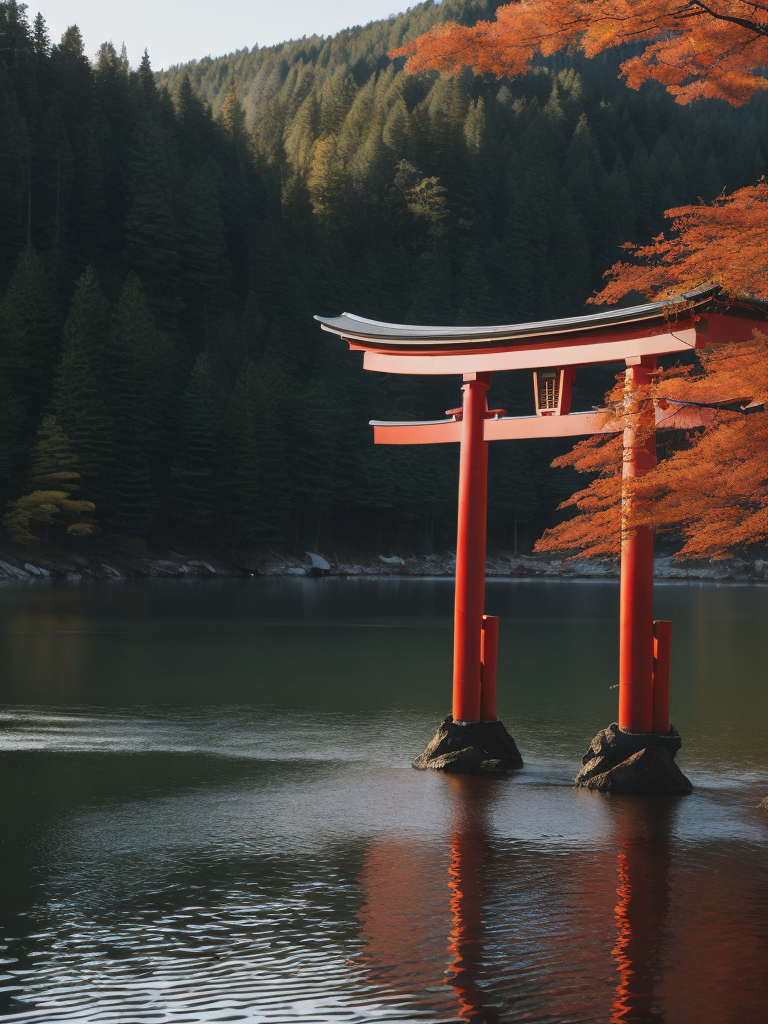 Red torii gate in middle of a lake, Dense forest on the edge of the lake, Bright and saturated colors, Japanese culture, photorealistic, contrast light