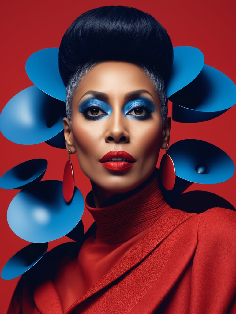 Donyale luna, avant-garde, simplygo, photoshoot spread, dressed in all red, blue background, harpers bizarre, cover, headshot, hyper realistic