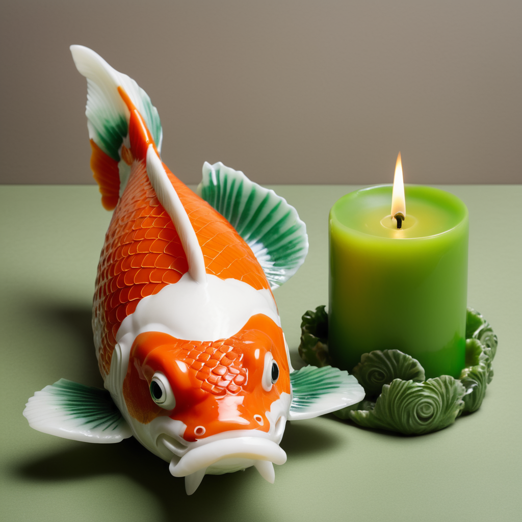 A koi fish with legs with a cast on one leg and a green candle next to it