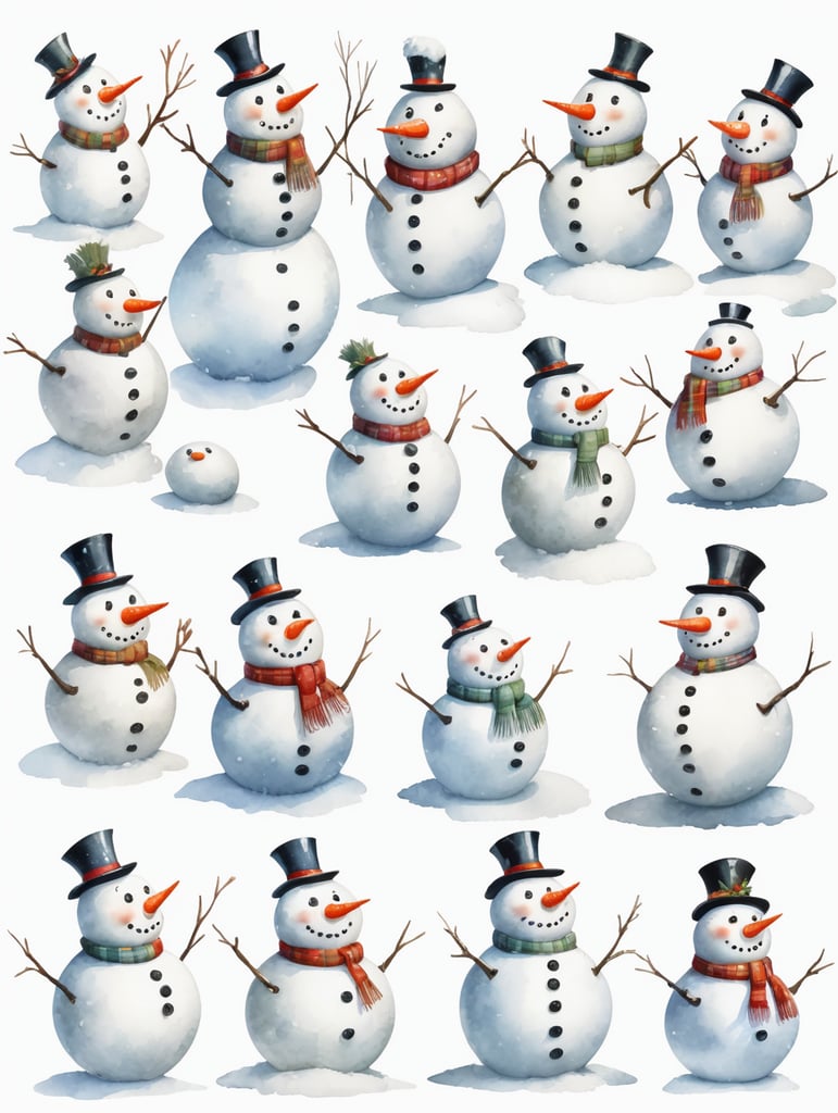 Snowman, different angles and expressions, full body only character sheets, multiple poses, white background, whimsical watercolor