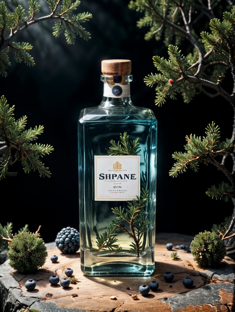 professional photography of a square gin bottle, square bottle, surrounding a juniper and juniper berries, one shot of gin in a front, no label, clear, mockup