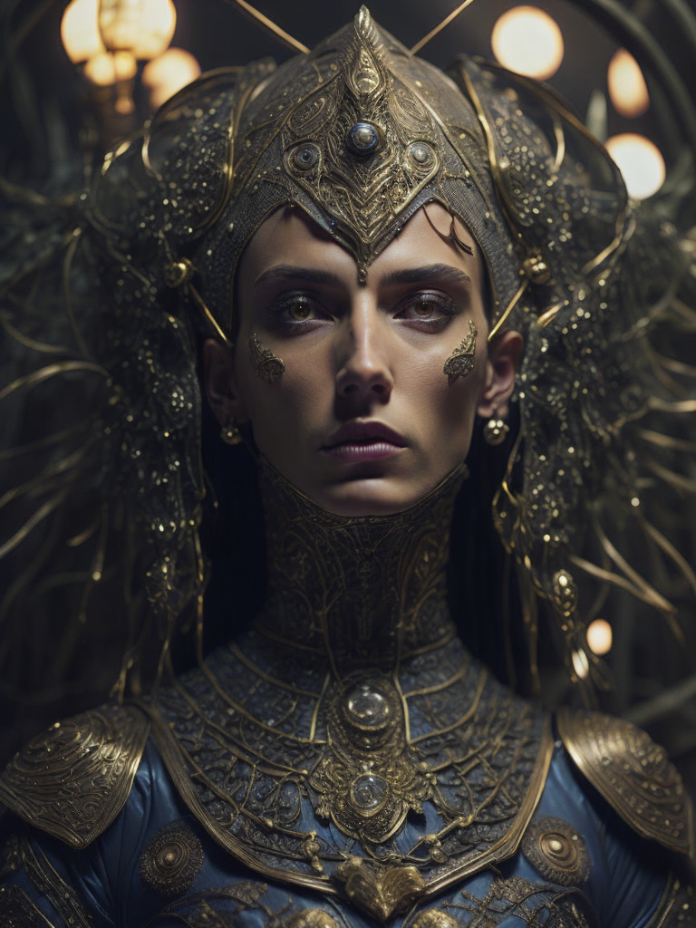 Masterpiece sculpture of an ornate bejeweled mechanical ancient Sumerian, by annie swynnerton and diego rivera and nicholas roerich and giger and jean delville, symbolist, dramatic lighting, god rays, elaborate geometric ornament, art brut, rich colors, smooth, sharp focus, extremely detailed, adolf wolfli and donato giancola