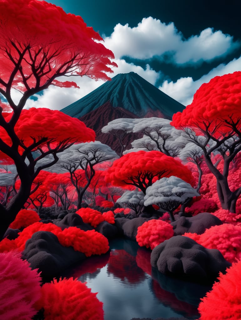 Landscape shot of volcano garden and trees, captured using infrared photography, 8k resolution image, smooth and polished. bold red and black colors