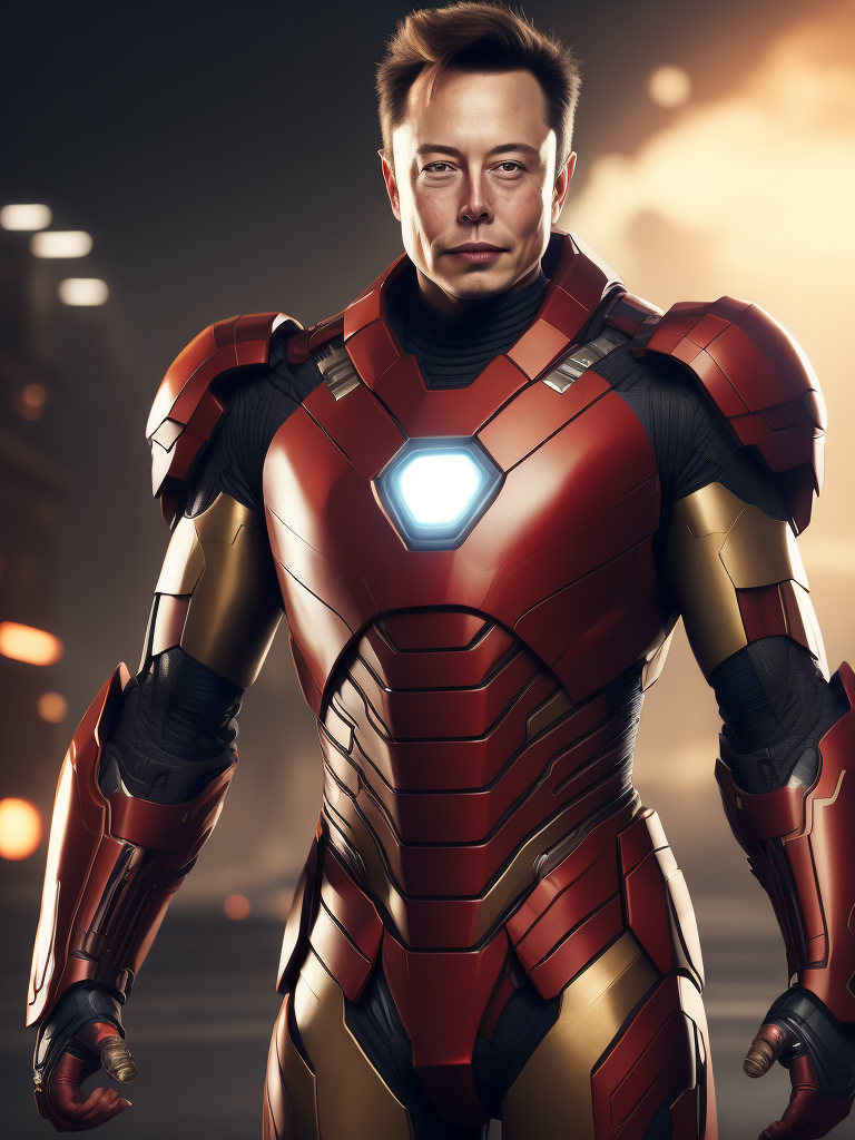 Elon Musk in the Iron Man suit from the Marvel Universe, Full body, high definition, photography, cinematic, detailed character portrait, detailed and intricate environment,