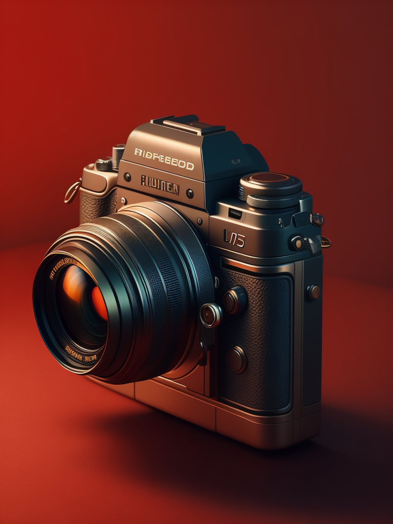 Red background, side view product photography of a camera designed by dieter rams, circular lens, minimal design, hasselblad, nikon, canon, fuji, leica, studio light, ultra realistic, ultra detailed, small labels, super intricate design, intricate detail, Object in the center of the image
