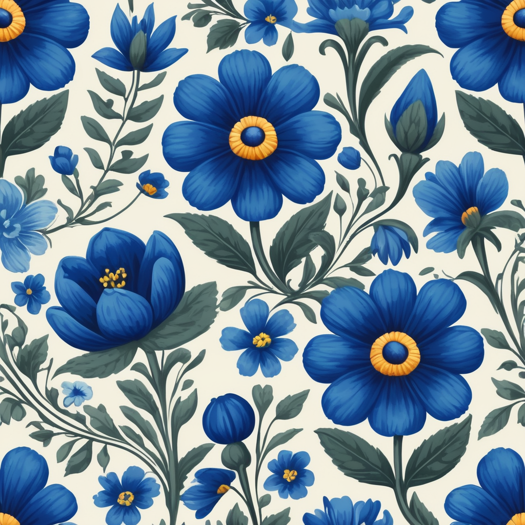 Seamless pattern beautiful floral pattern with blue flowers in the background, in the style of polish folklore motifs, juliana nan, mexican folklore - inspired, tivadar csontváry kosztka, clara peeters, texture exploration, blue color scheme, blue pallete, amoled, 264k render HD