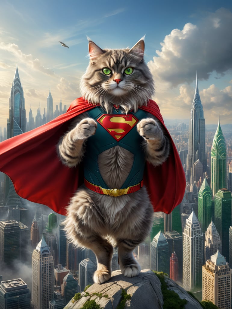 grey siberian cat, with a red cape, flying in the sky, red glasses, in a city, green eyes, he is doing the pose of superman in the sky, has abs, big muscels is smiling