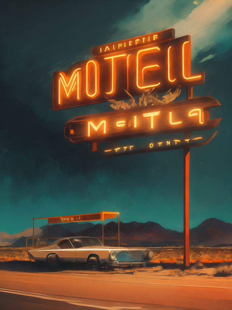 Small vintage motel located near the highway with a large neon sign, night with starry sky, bright colors, contrasting shadows, deep dark atmosphere, tumbleweed, desert and mountains on the horizon, incredible details, sharp focus