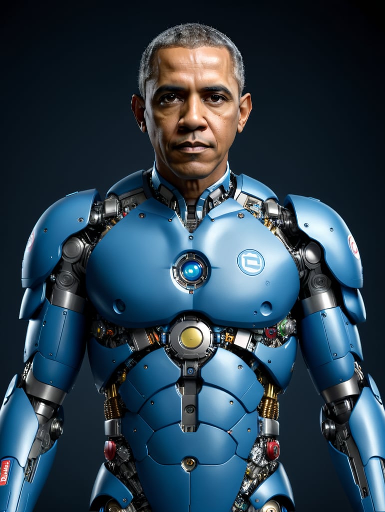 Barack Obama whole body and head painted with blue Doraemon. The image styled with Platon Antoniou photographer take a colour photo. Obama pose standing without expression. Just empty stare.