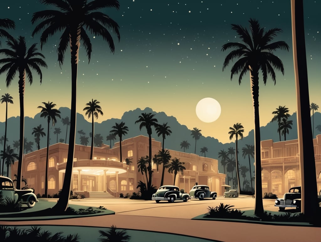 pulp comic style of a 1940's Hollywood, nighttime, spot lights, palm trees