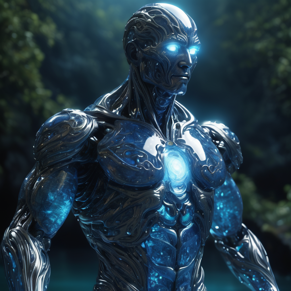 humanoid made entirely of god luminescent and translucent liquid materials, on night Blue River , you can see all the inside of his body, supranatural style, realistic style, infinite ultra high definition image quality and rendering, infinite image detail, infinite realistic render, infinite realistic RTX global illumination, infinite special effect