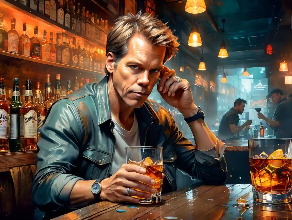 Kevin bacon down on his luck in a sleazy bar drinking scotch