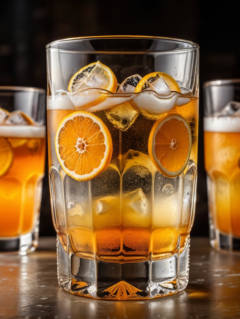frontal view, old fashioned glass, liquid layers with orange at the bottom, yellow in the middle, clear top liquid, fizzy filled with ice