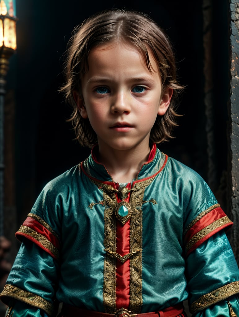 Portrait of child, half lenght, medieval clothes, Wes Anderson style, Incredibly high detail, Bright colors, turquoise green, light blue and red colors,