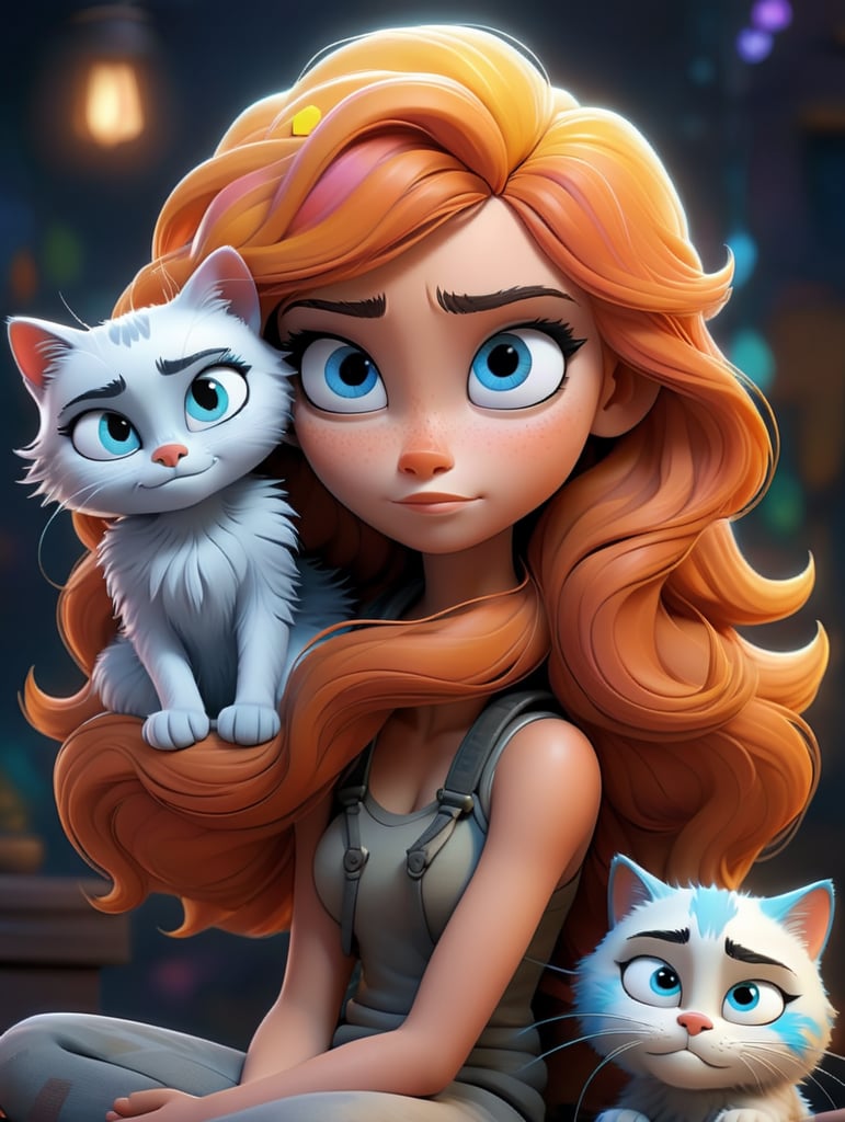 beautiful and aesthetic 1girl holding cat, sitting, orange hair, skin pores, wrinkles, eyelashes, long hair, blue eyes, [ highest | extremely | intricate ] detailed, adstech, colorful symbols, hologram, scifi, Tsundere