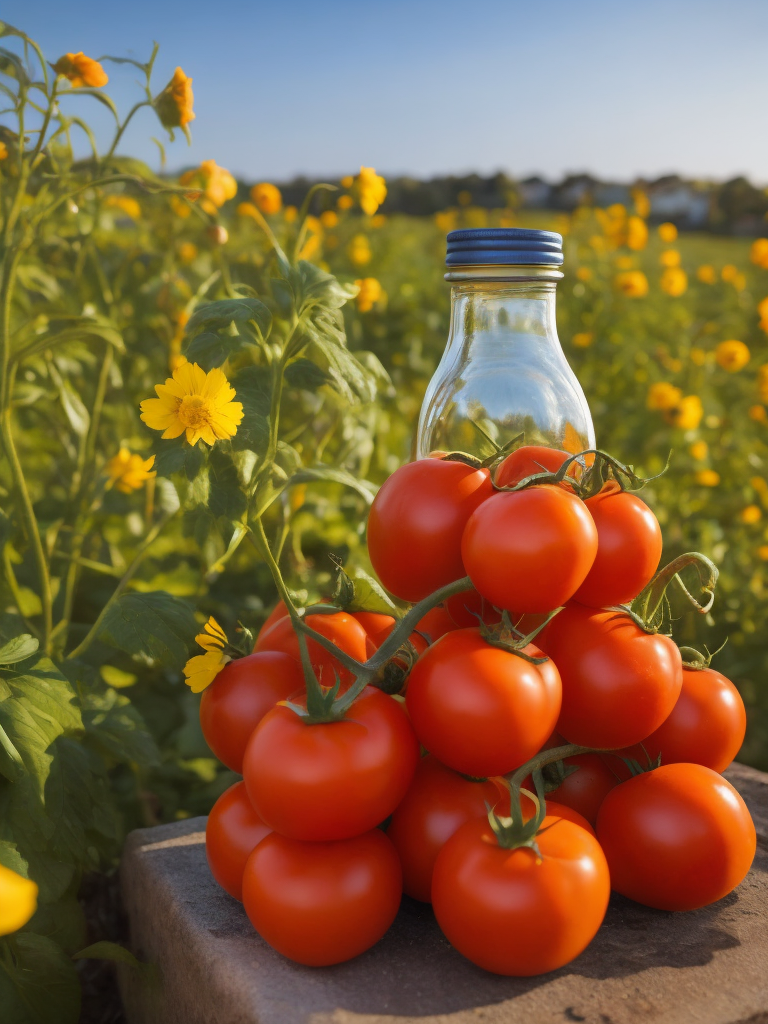 several red tomatoes stacked together forming a ketchup bottle with some leaves around it, beautiful tomato plantation in the background and a blue sky, short grass, yellow flower, ambient lighting