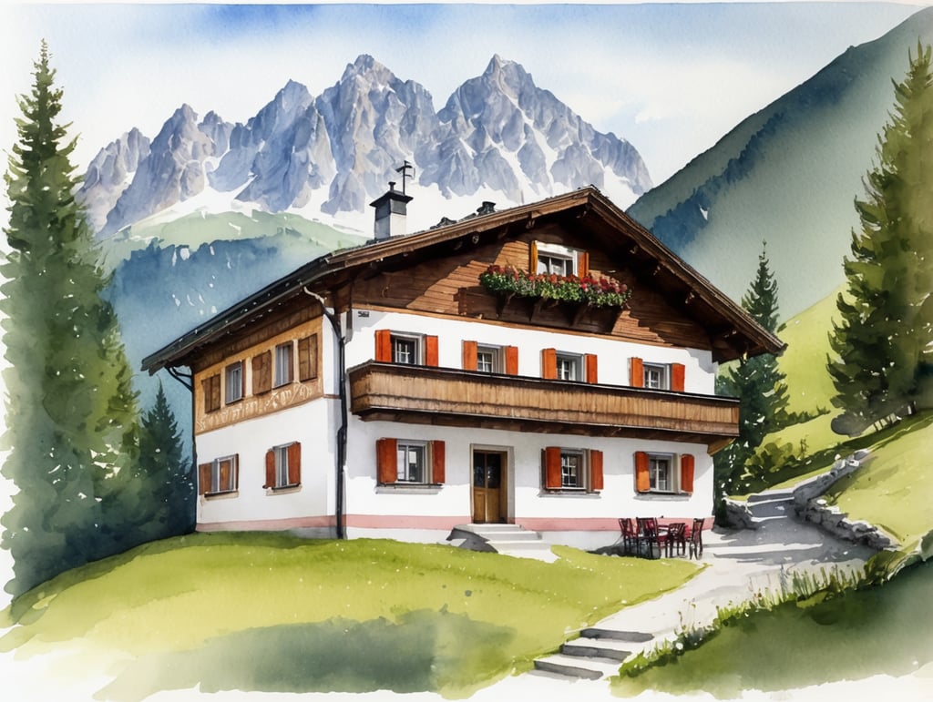 Watercolour sketch of a mountain Austrian chalet