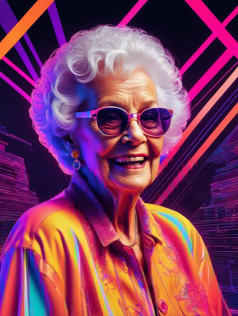 Grandma at the disco, synthwave, blacklight, psychedelic, neon line art, glitch art, figurative art, geometric art, conceptual art, pop art, ultra detail, dynamic composition, dynamic contrast, surrealism