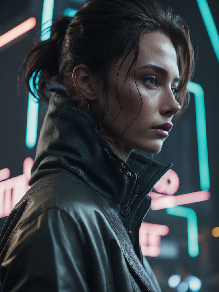 Detailed portrait neon cleaner woman, cyberpunk futuristic neon, reflective puffy coat, perfect face, fine details