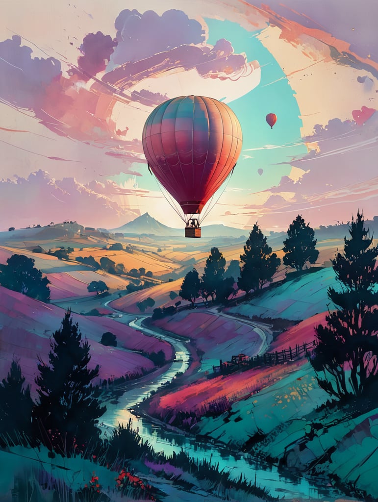 surrealist country background with vineyards and an hot air ballon make with single red grape