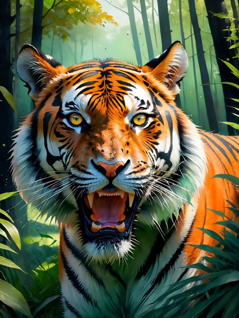 high quality, exquisite, breathtaking tiger in its natural habitat, vibrant orange and black stripes, piercing eyes, sleek and muscular physique, detailed fur texture, lush green forest background, captivating presence, dynamic pose, seamless integration into the environment