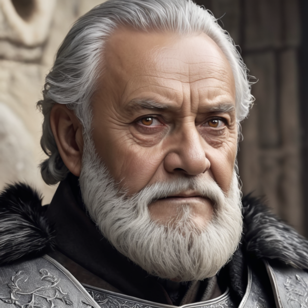 Medieval old man from house Baratheon with shorter black hair and brown eyes and black-grey beard