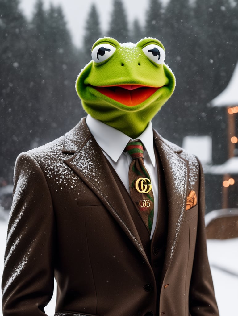 Kermit the frog wearing a brown gucci suit, gucci promo photo, 8k photo, snowing outside, dark hues, 8k photography, studio lighting, promo