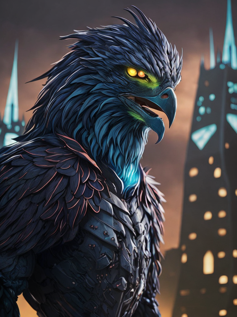 fking_scifi, award-winning photo portrait of a werecreature wereeagle, wearing neon [blue|pink|black] armor, scifi balcony with large towers in background, large head, intricate details