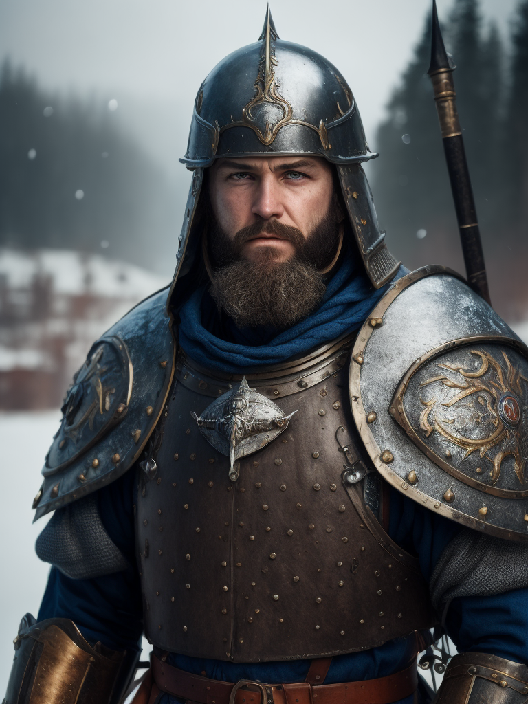 Portrait of a medieval Slavic warrior with a beard, wearing a helmet and chain mail, gray-blue eyes, a face stained with blood, against the backdrop of a winter landscape